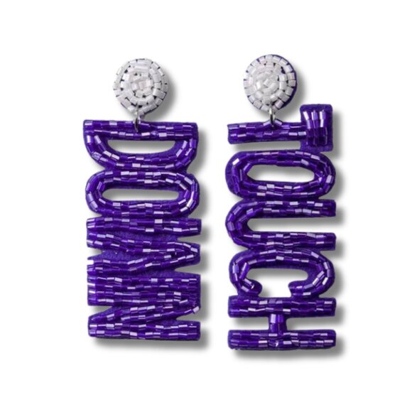 NEW TCU TEXAS CHRISTIAN UNIVERSITY BEADED WHITE & PURPLE EARRINGS TOUCHDOWN - Picture 3 of 3